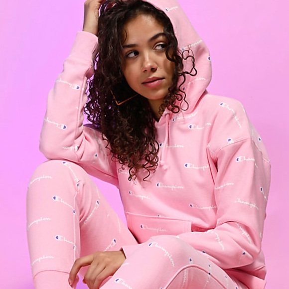 Champion Reverse Weave Allover Logo Pink Hoodie - Picture 1 of 5